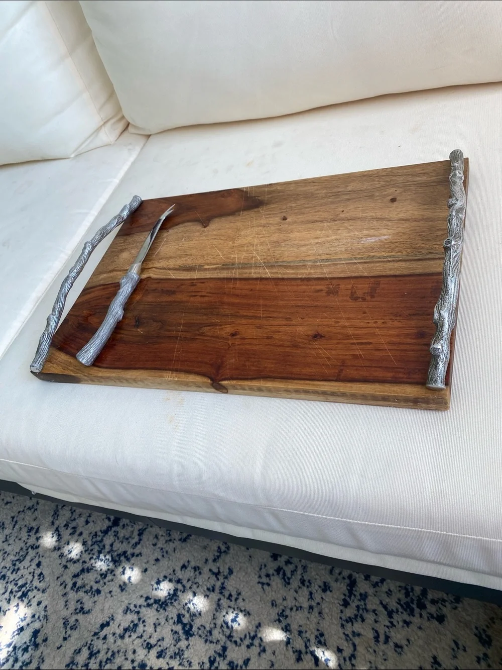 Martha Stewart Wood Serving Board with Silver-Tone Handles and Cheese Knife